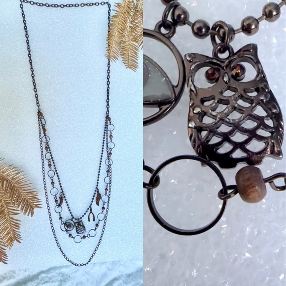 🦉LUCKY Brand Owl Brass Tone 3 Strand Chain Necklace w lucky dangles.